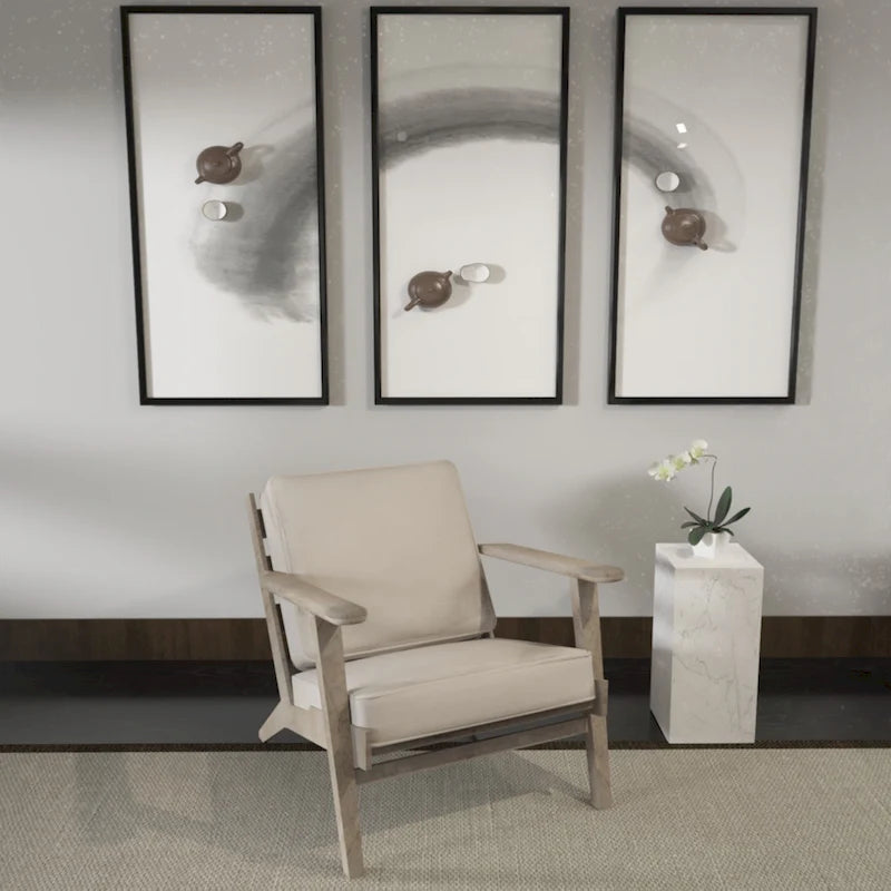 Accent Chair, Handcrafted Slatted Mango Wood, Buffalo Leather Cushions, Angled Legs