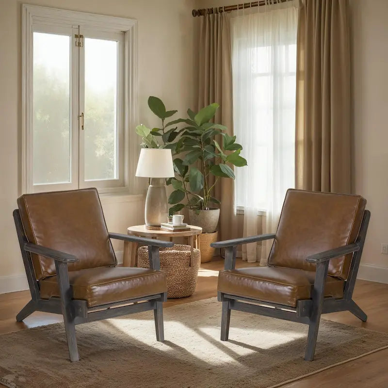 Accent Chair, Handcrafted Slatted Mango Wood, Buffalo Leather Cushions, Angled Legs