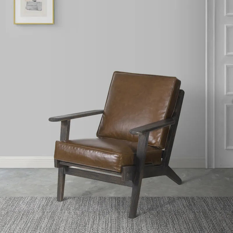 Accent Chair, Handcrafted Slatted Mango Wood, Buffalo Leather Cushions, Angled Legs