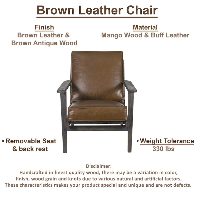 Accent Chair, Handcrafted Slatted Mango Wood, Buffalo Leather Cushions, Angled Legs
