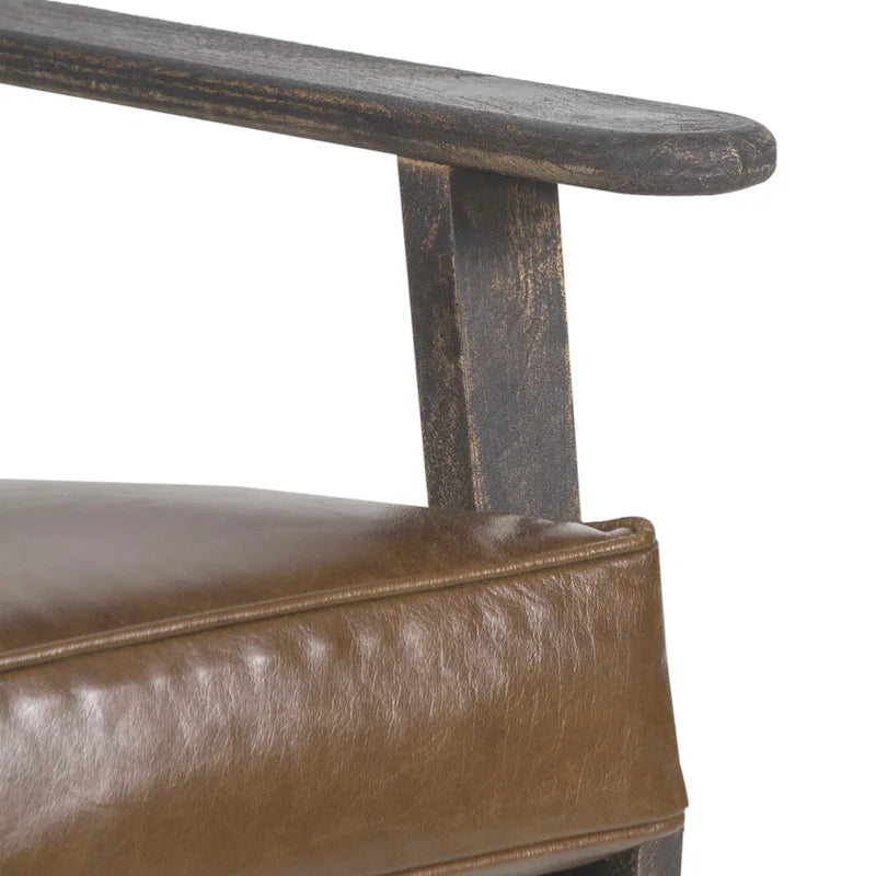 Accent Chair, Handcrafted Slatted Mango Wood, Buffalo Leather Cushions, Angled Legs