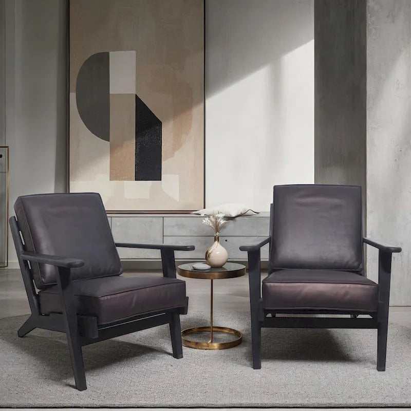 Accent Chair, Handcrafted Slatted Mango Wood, Buffalo Leather Cushions, Angled Legs