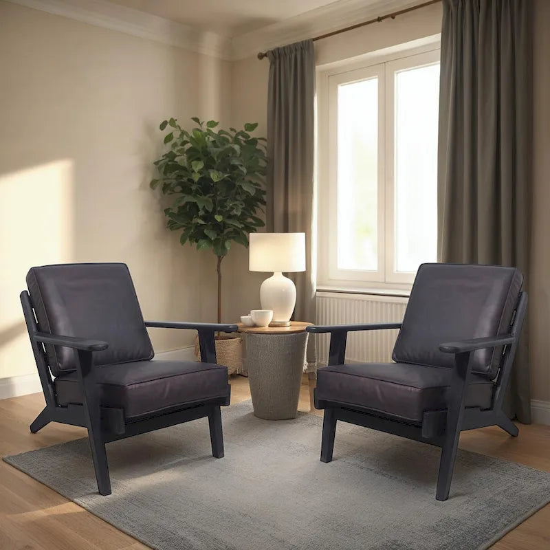 Accent Chair, Handcrafted Slatted Mango Wood, Buffalo Leather Cushions, Angled Legs
