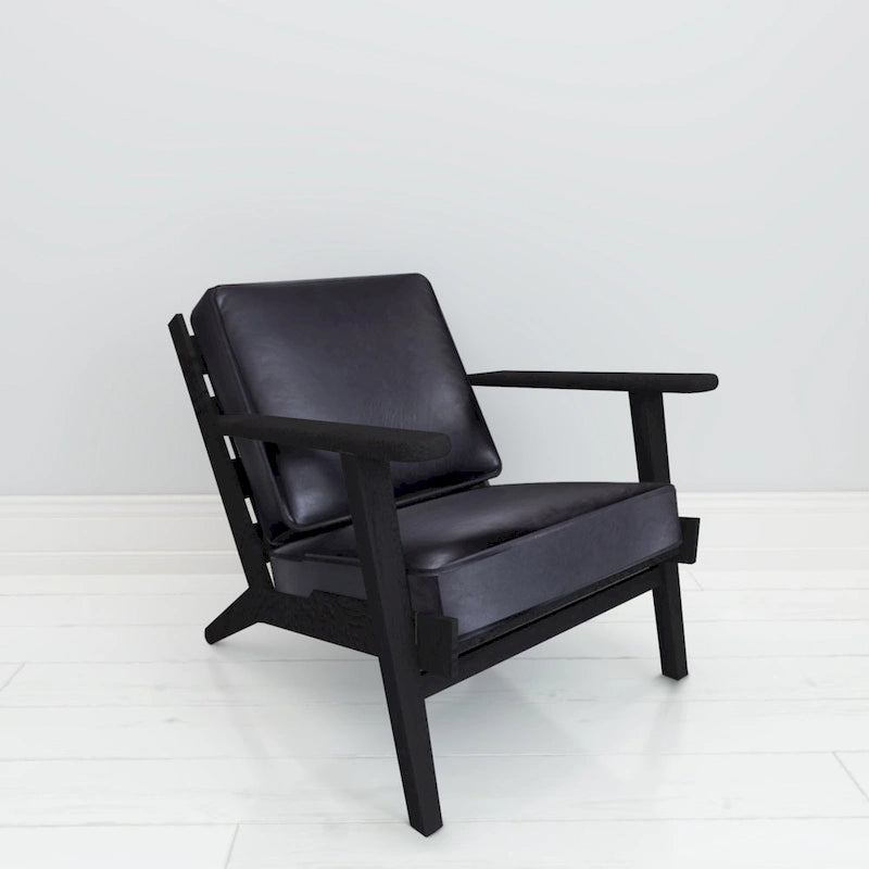 Accent Chair, Handcrafted Slatted Mango Wood, Buffalo Leather Cushions, Angled Legs