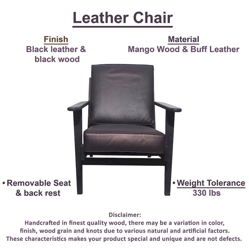 Accent Chair, Handcrafted Slatted Mango Wood, Buffalo Leather Cushions, Angled Legs