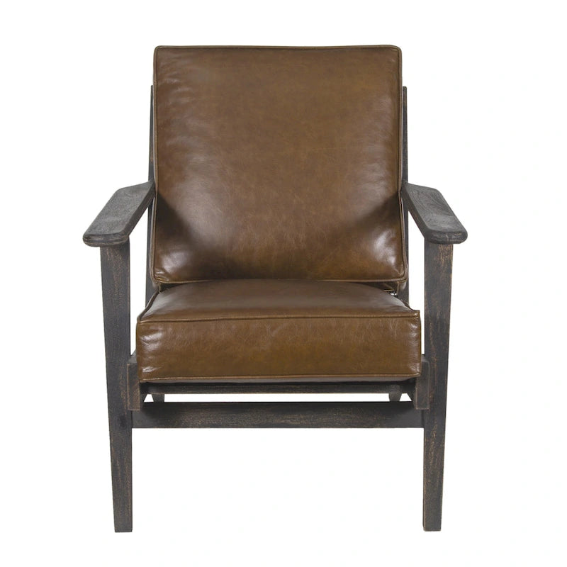 Accent Chair, Handcrafted Slatted Mango Wood, Buffalo Leather Cushions, Angled Legs