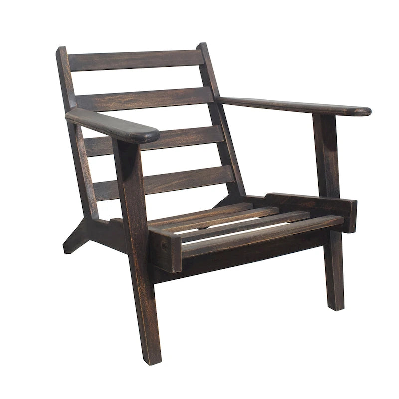 Accent Chair, Handcrafted Slatted Mango Wood, Buffalo Leather Cushions, Angled Legs