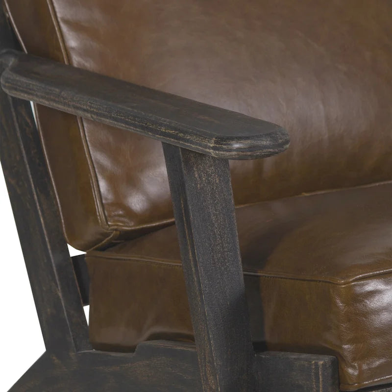 Accent Chair, Handcrafted Slatted Mango Wood, Buffalo Leather Cushions, Angled Legs