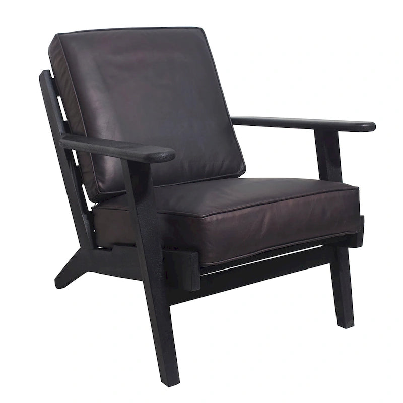 Accent Chair, Handcrafted Slatted Mango Wood, Buffalo Leather Cushions, Angled Legs