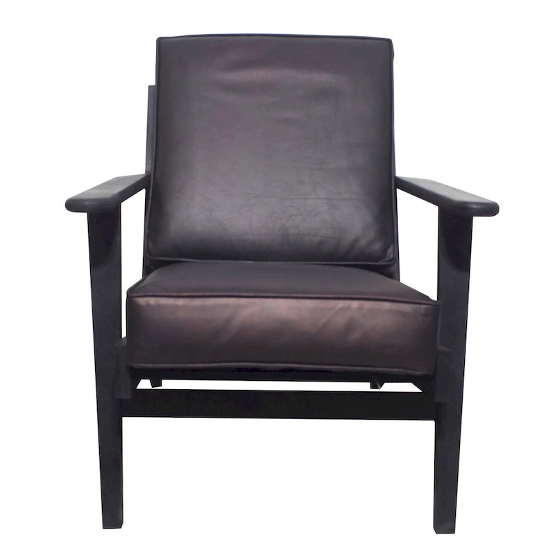 Accent Chair, Handcrafted Slatted Mango Wood, Buffalo Leather Cushions, Angled Legs