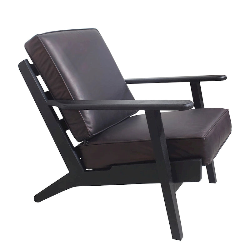 Accent Chair, Handcrafted Slatted Mango Wood, Buffalo Leather Cushions, Angled Legs