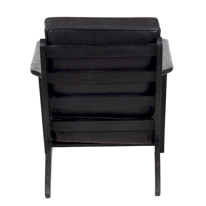 Accent Chair, Handcrafted Slatted Mango Wood, Buffalo Leather Cushions, Angled Legs