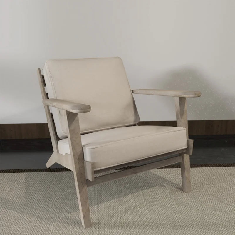 Accent Chair, Handcrafted Slatted Mango Wood, Buffalo Leather Cushions, Angled Legs