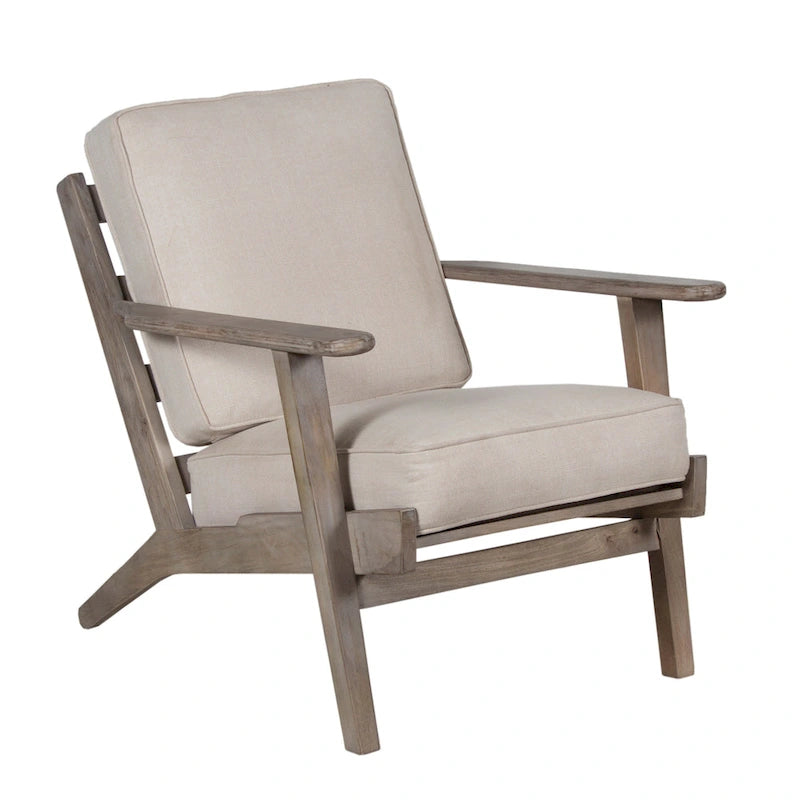Accent Chair, Handcrafted Slatted Mango Wood, Buffalo Leather Cushions, Angled Legs