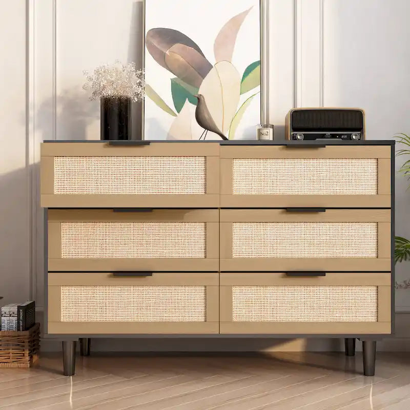 Rattan Wood 6-Drawer Dresser