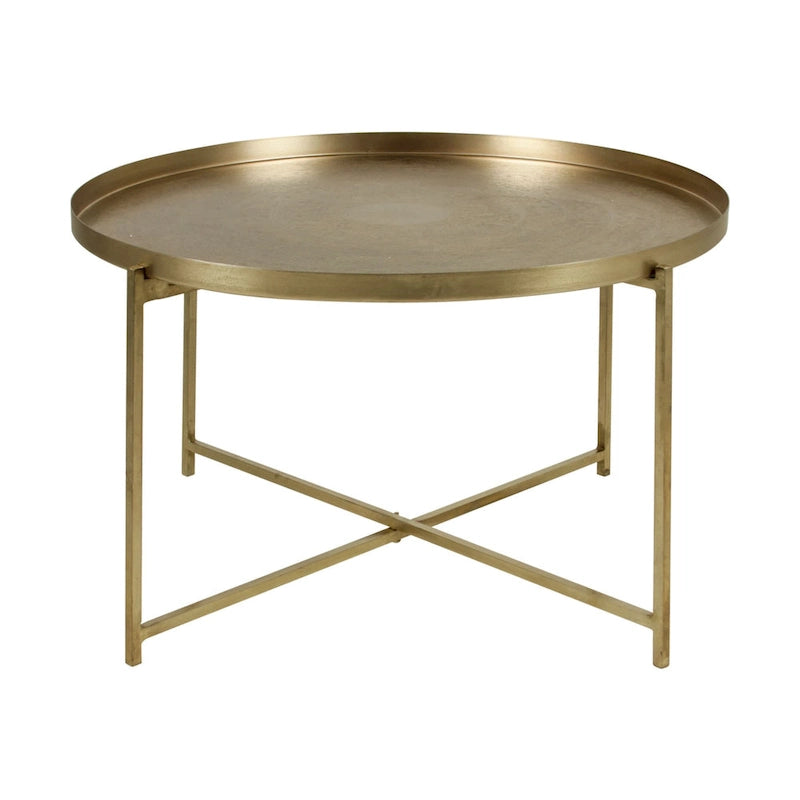 Antique Brass-Finish Etched Floral Tray-Top Accent Table