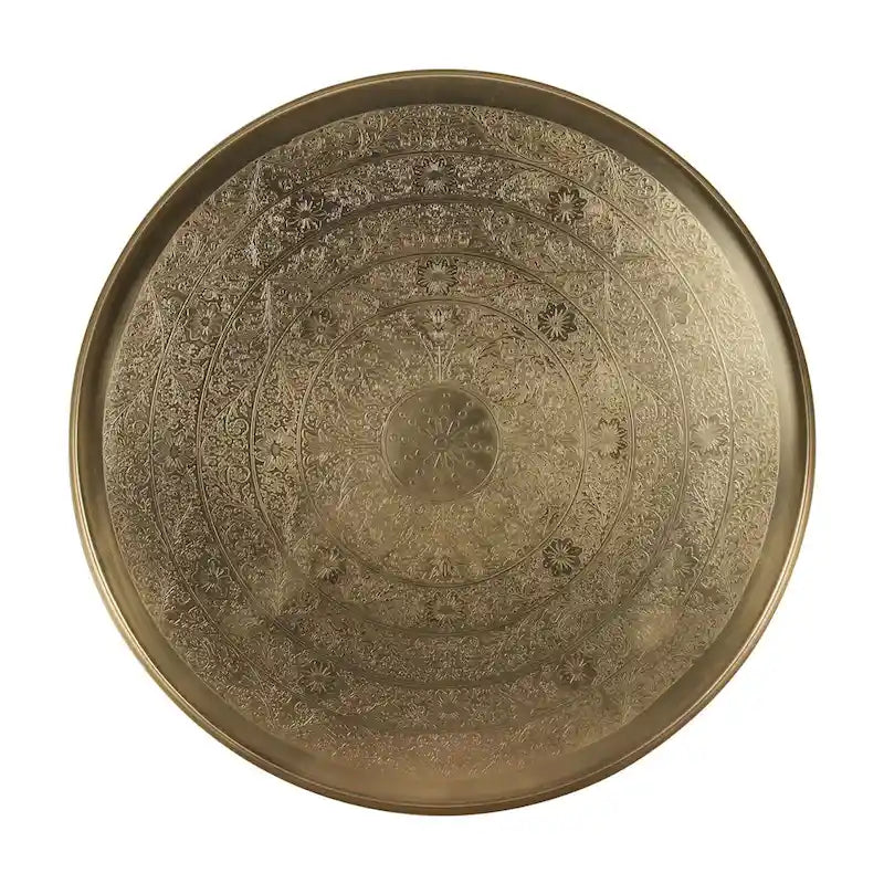 Antique Brass-Finish Etched Floral Tray-Top Accent Table