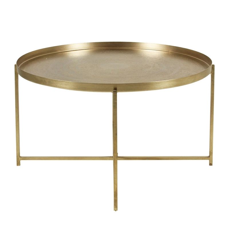 Antique Brass-Finish Etched Floral Tray-Top Accent Table