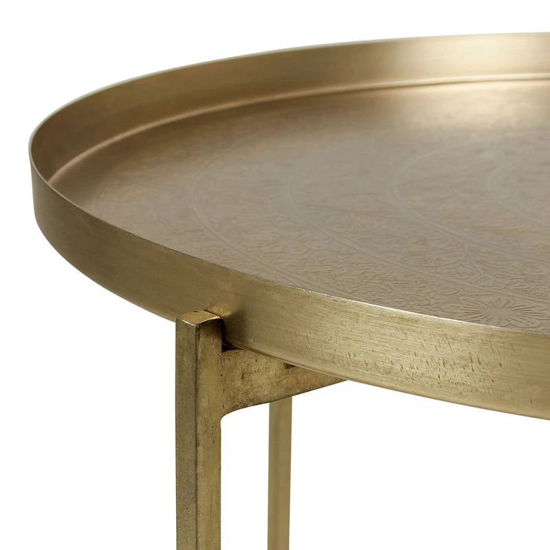 Antique Brass-Finish Etched Floral Tray-Top Accent Table