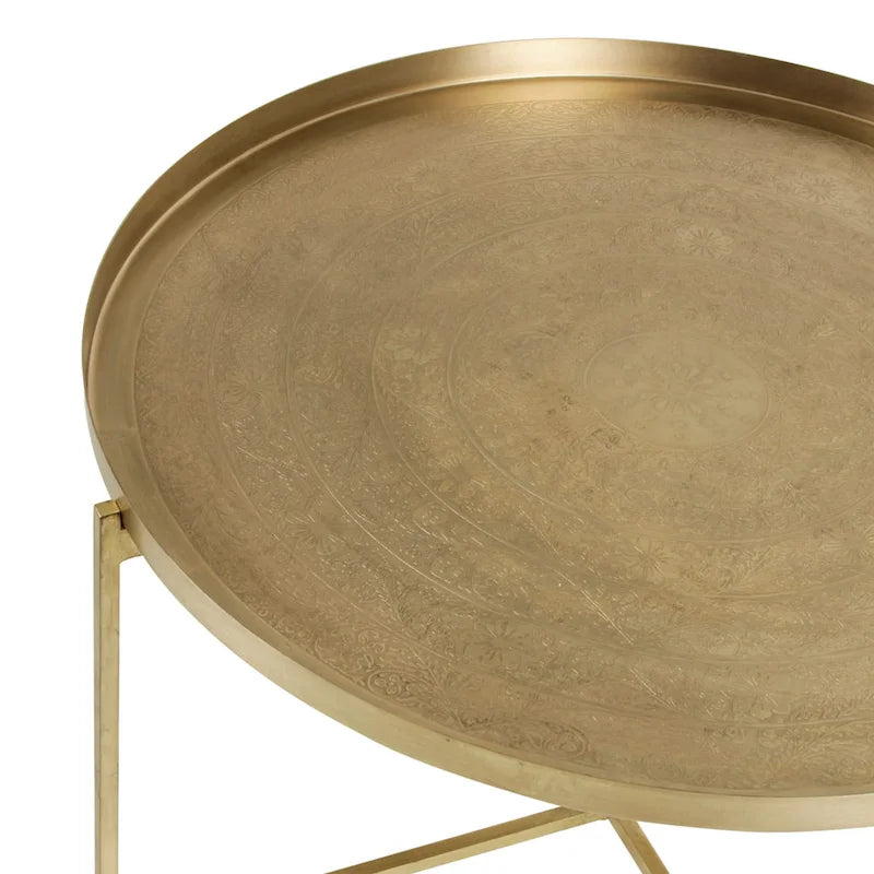 Antique Brass-Finish Etched Floral Tray-Top Accent Table