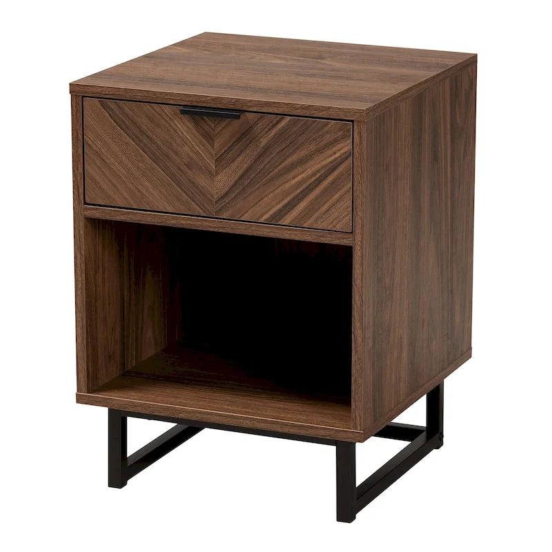 Modern Walnut Brown Finished Wood and Black Metal 1-Drawer End Table