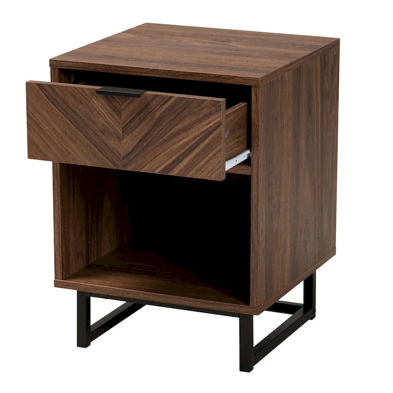 Modern Walnut Brown Finished Wood and Black Metal 1-Drawer End Table
