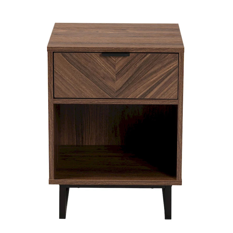 Modern Walnut Brown Finished Wood and Black Metal 1-Drawer End Table