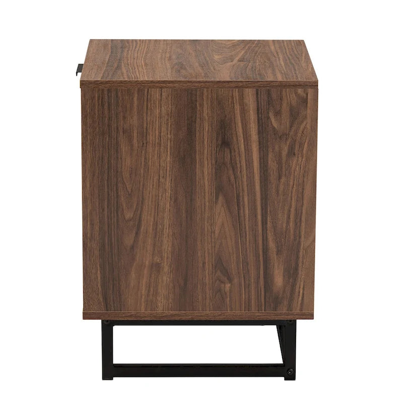 Modern Walnut Brown Finished Wood and Black Metal 1-Drawer End Table