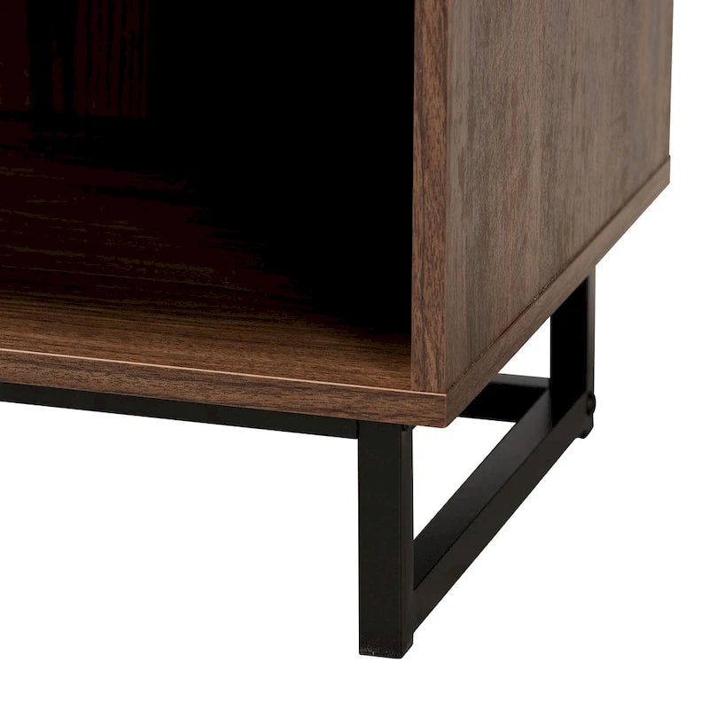 Modern Walnut Brown Finished Wood and Black Metal 1-Drawer End Table