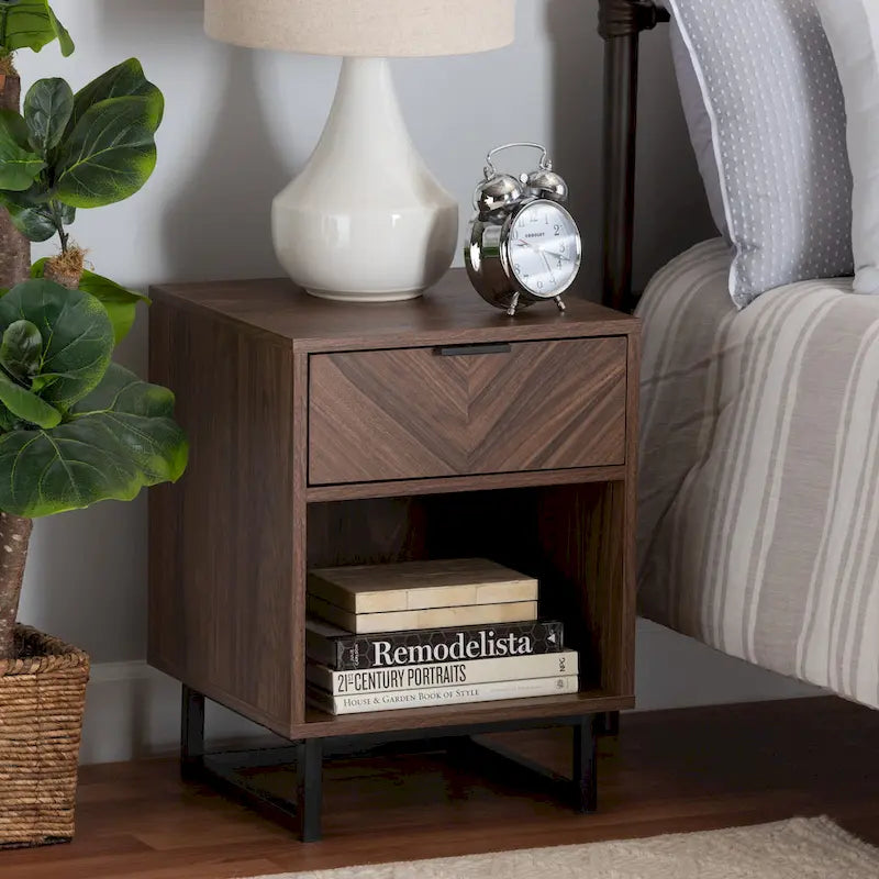 Modern Walnut Brown Finished Wood and Black Metal 1-Drawer End Table