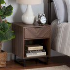 Modern Walnut Brown Finished Wood and Black Metal 1-Drawer End Table