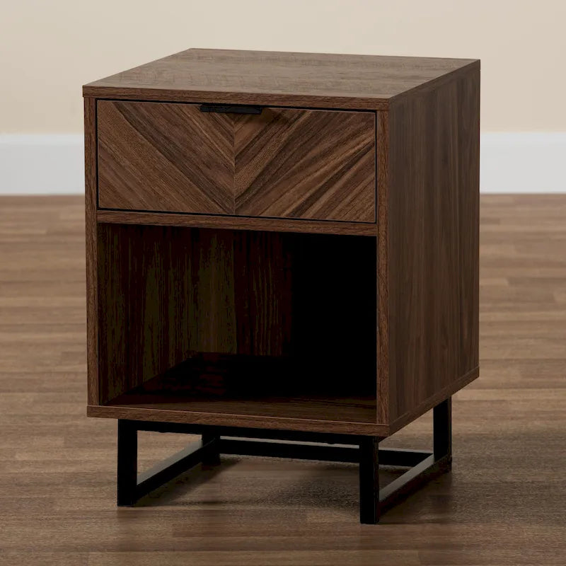 Modern Walnut Brown Finished Wood and Black Metal 1-Drawer End Table