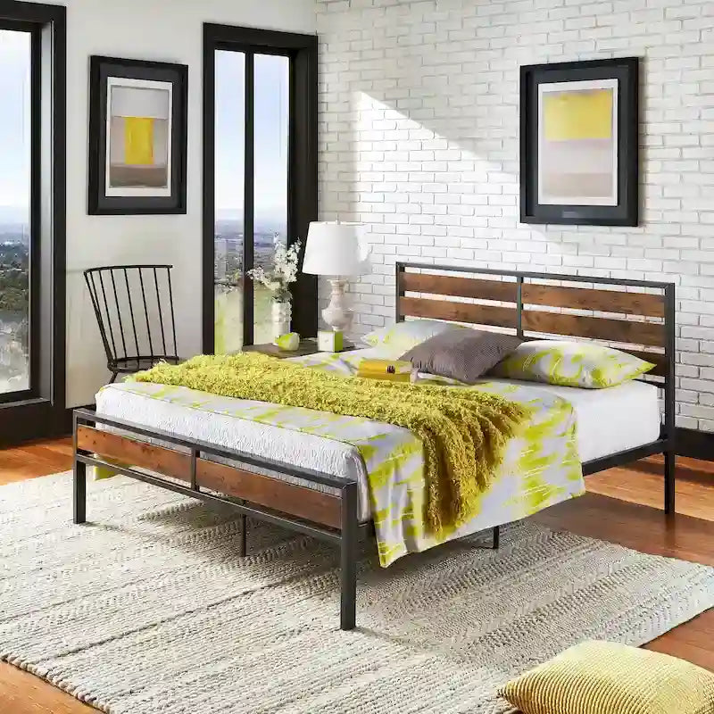 Low Profile Metal Platform Bed with Wood Finish Panels