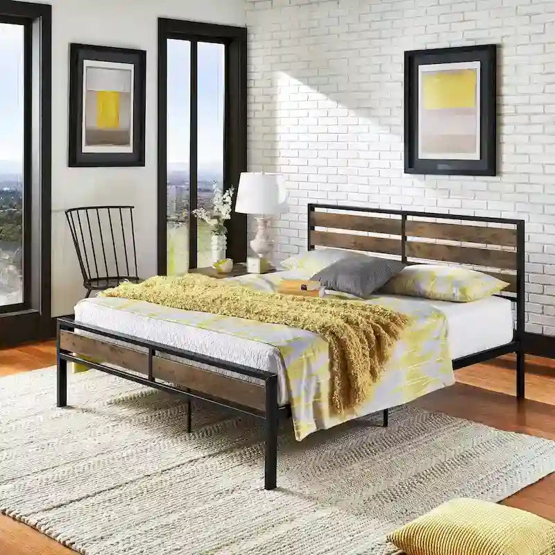 Low Profile Metal Platform Bed with Wood Finish Panels