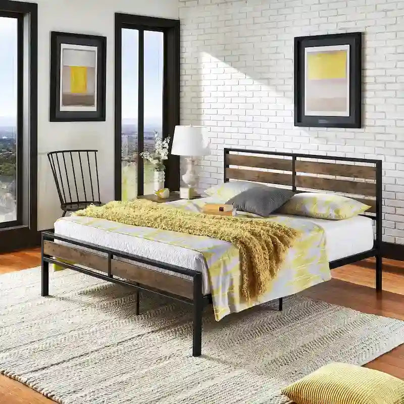Low Profile Metal Platform Bed with Wood Finish Panels