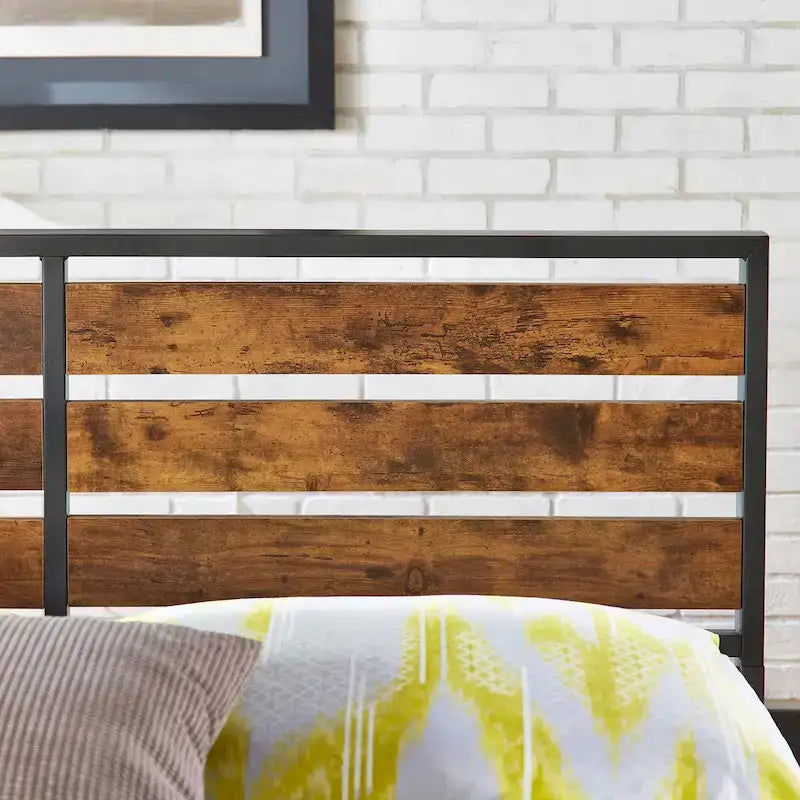 Low Profile Metal Platform Bed with Wood Finish Panels