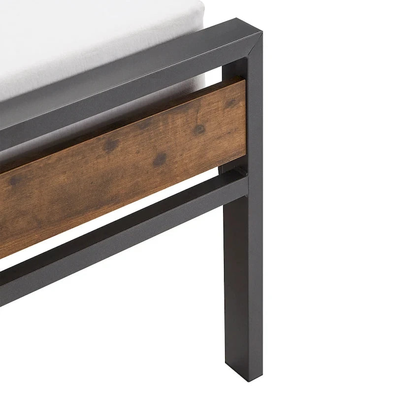 Low Profile Metal Platform Bed with Wood Finish Panels