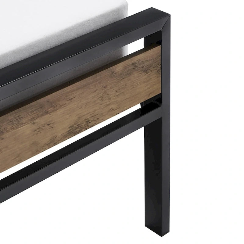Low Profile Metal Platform Bed with Wood Finish Panels
