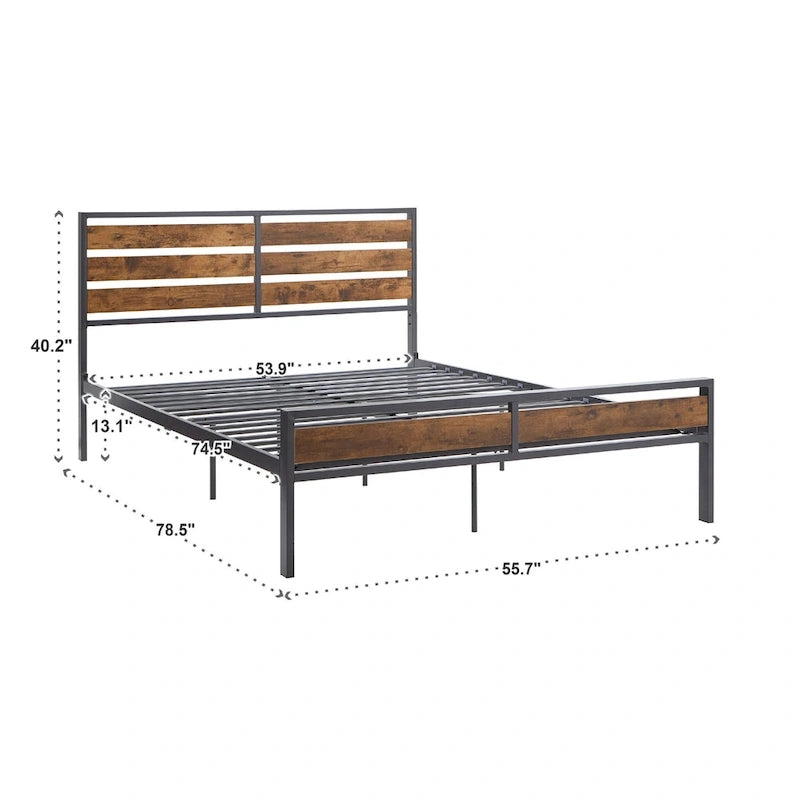 Low Profile Metal Platform Bed with Wood Finish Panels