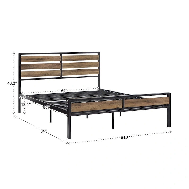Low Profile Metal Platform Bed with Wood Finish Panels