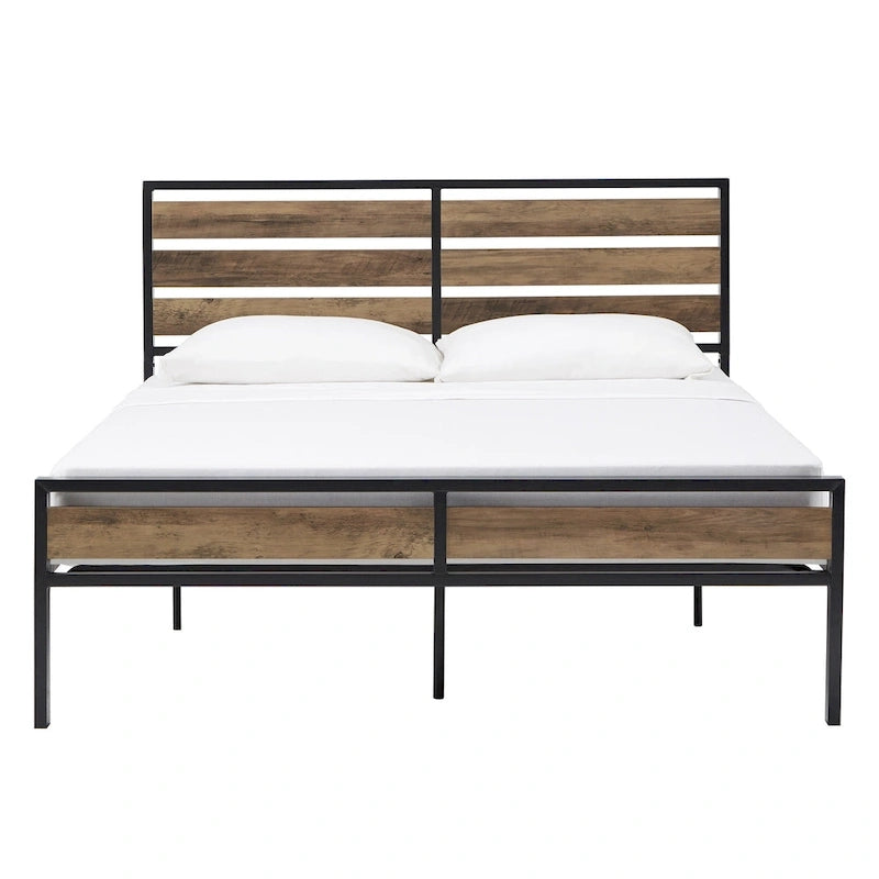 Low Profile Metal Platform Bed with Wood Finish Panels