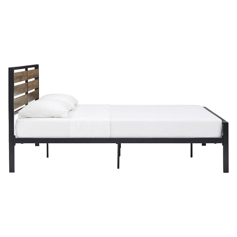 Low Profile Metal Platform Bed with Wood Finish Panels