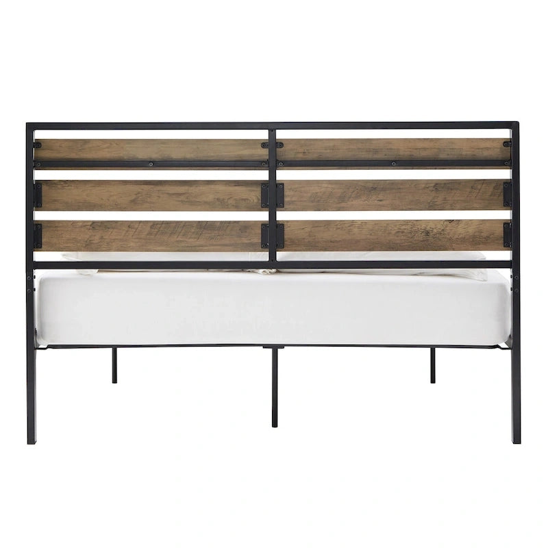Low Profile Metal Platform Bed with Wood Finish Panels
