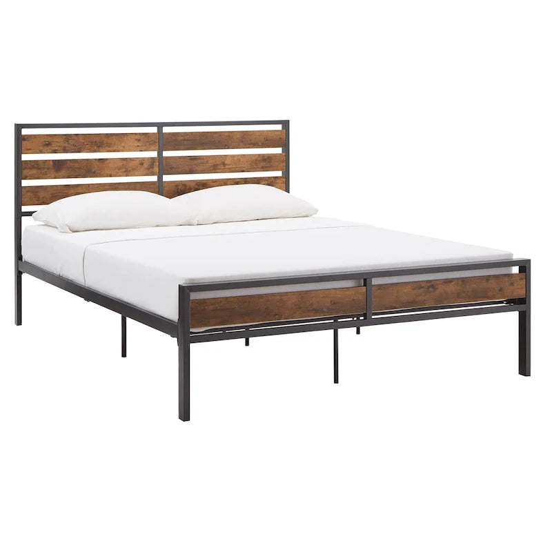 Low Profile Metal Platform Bed with Wood Finish Panels