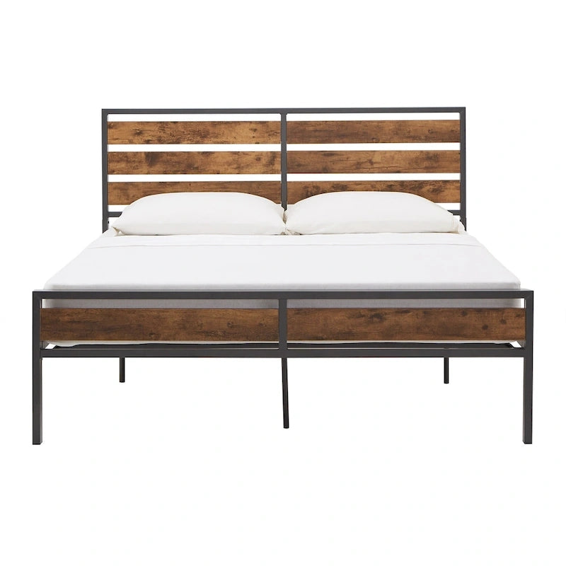 Low Profile Metal Platform Bed with Wood Finish Panels