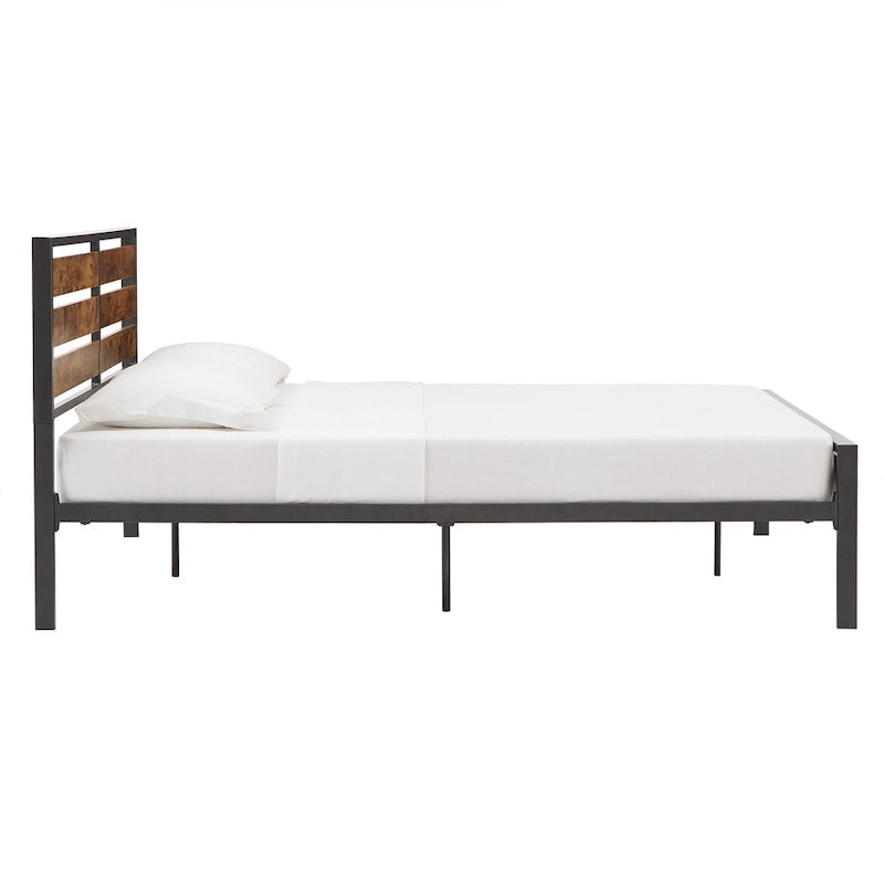 Low Profile Metal Platform Bed with Wood Finish Panels