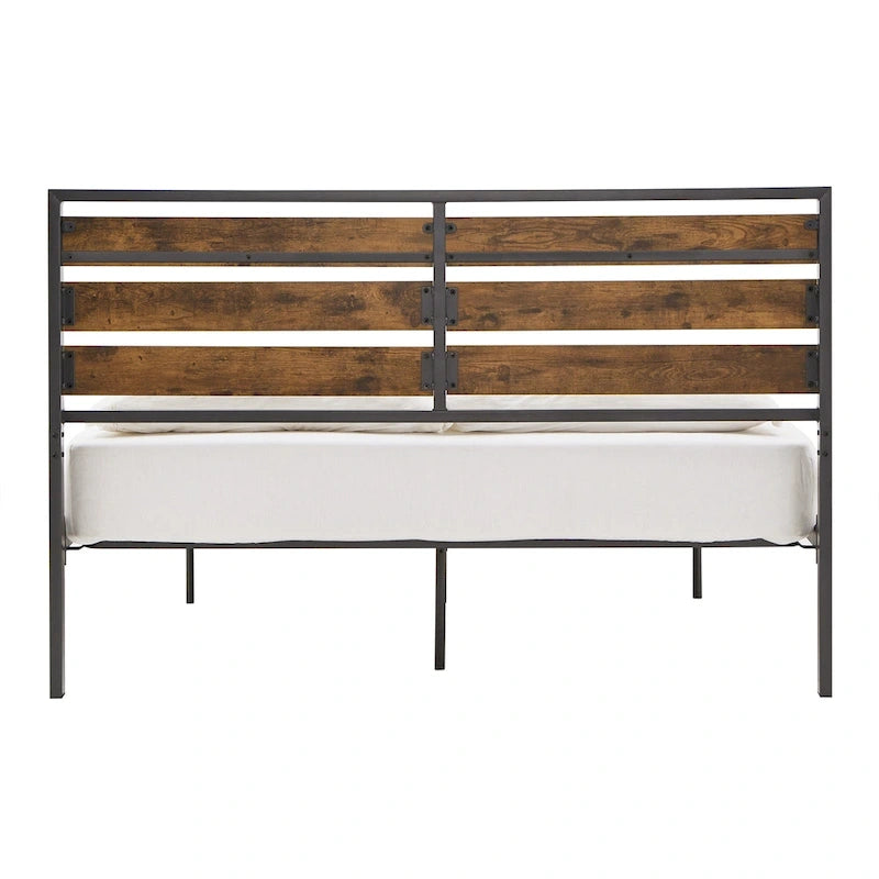 Low Profile Metal Platform Bed with Wood Finish Panels
