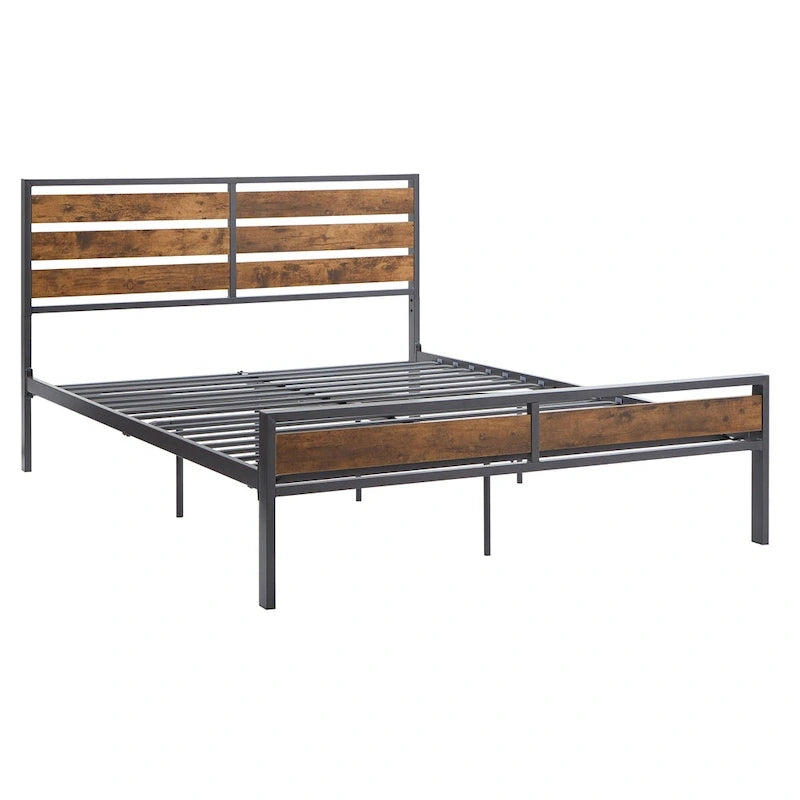 Low Profile Metal Platform Bed with Wood Finish Panels