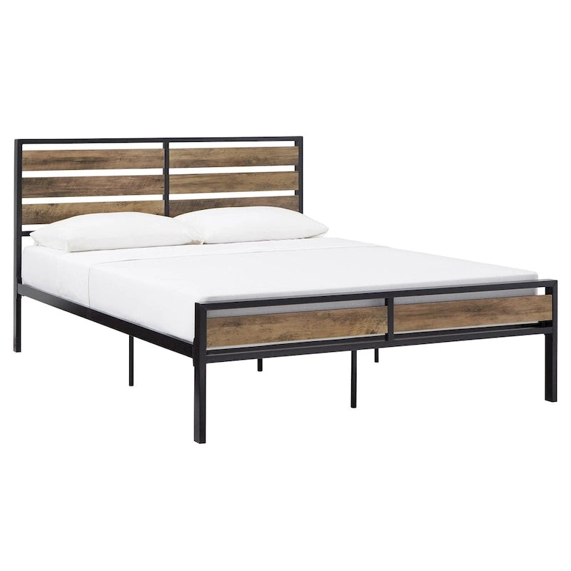 Low Profile Metal Platform Bed with Wood Finish Panels