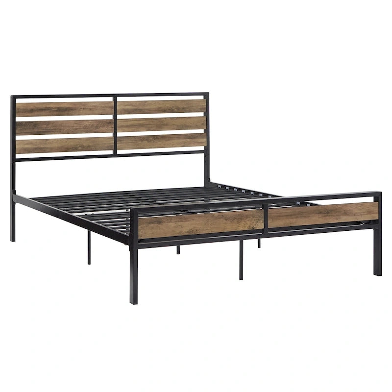 Low Profile Metal Platform Bed with Wood Finish Panels
